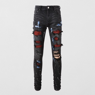 AMIRI Mens Jeans ใหม่ High Street สีเทาสลิมฟิต, แพทช์เพชรสีแดง, กางเกงยีนส์ผู้ชายลำลอง