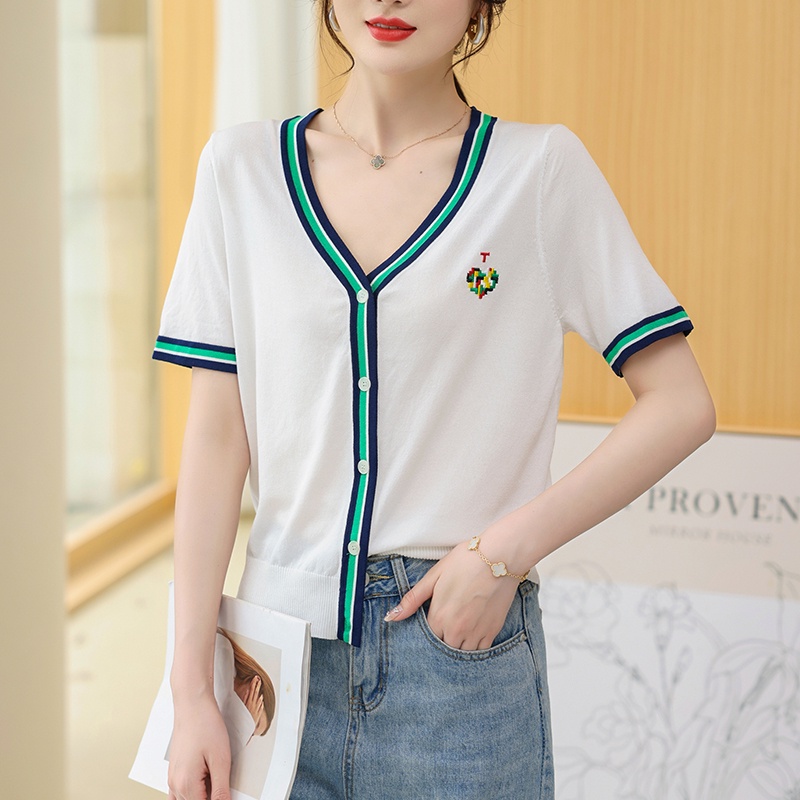 V คอน้ำแข็งผ้าไหมถักเสื้อยืดสุภาพสตรีฤดูร้อน 2022 ใหม่ผู้หญิงเย็บบางแขน ...
