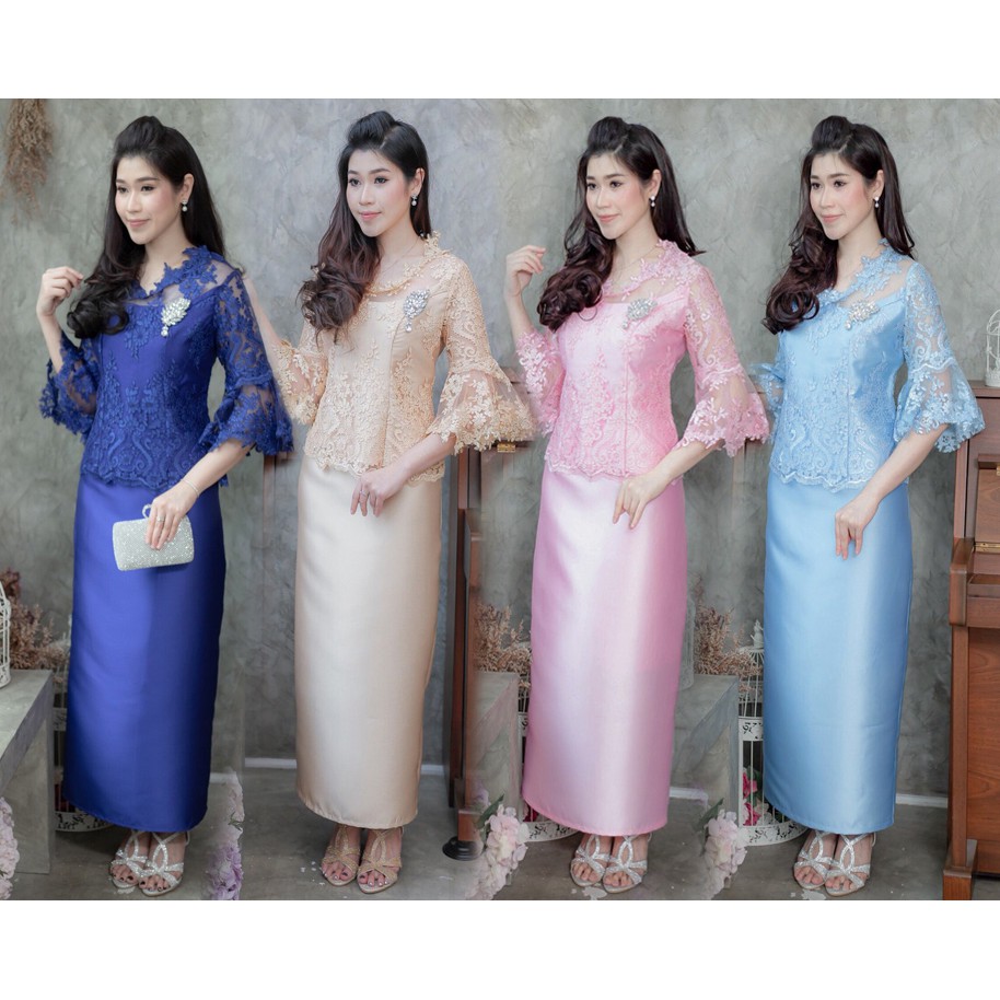 M-XXL ชุดไทยประยุกต์,ชุดผ้าไหม,ชุดผ้าถุง สีชมพู/สีฟ้า