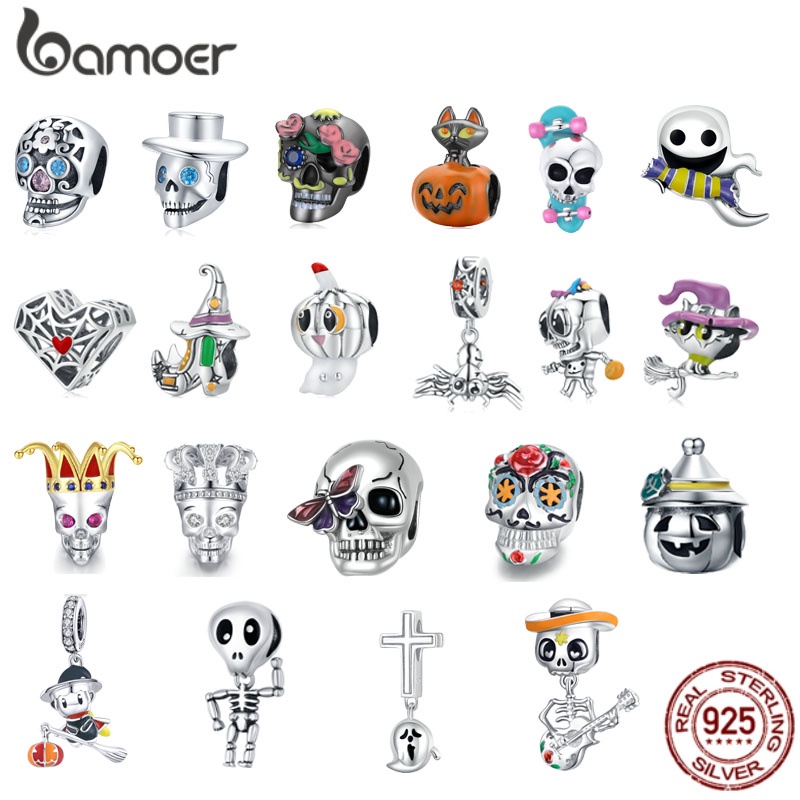 Bamoer จี้ฟักทองและ Skull ลูกปัดเงินสเตอร์ลิง 925 สําหรับสร้อยข้อมือประณีตยุโรปลูกปัดสําหรับงานฝีมือ Charms สําหรับเครื่องประดับแปลกสําหรับฮาโลวีน