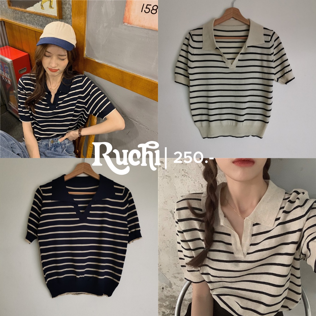 RUCHI - เสื้อคอปก เสื้อลายทาง collar knitไหมพรมแบบบาง เสื้อไหมพรม ไม่หนามากนะคะ ผ้าไม่คัน ลายทางสุดค