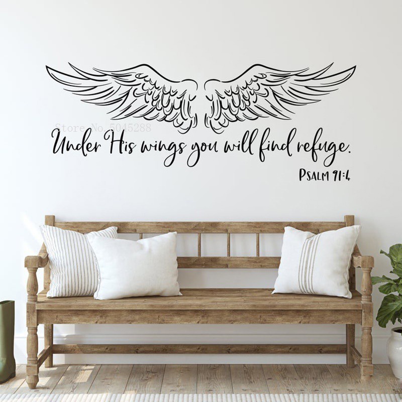 ใต้ปีกของเขา คุณจะค้นหา refuge Wall Decal Bible Verse Christian Decor Psalm Pous สวดมนต์ 91:4 Y153