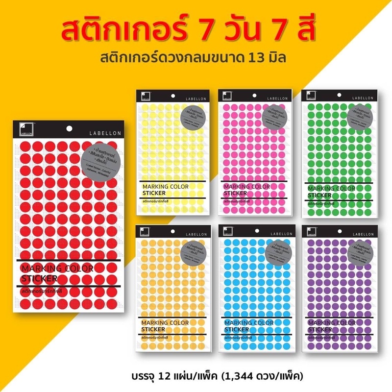 สติ๊กเกอร์วงกลม Labellon 7สี 7วัน แพ็ค1,344 ดวง ขนาด 13มม.