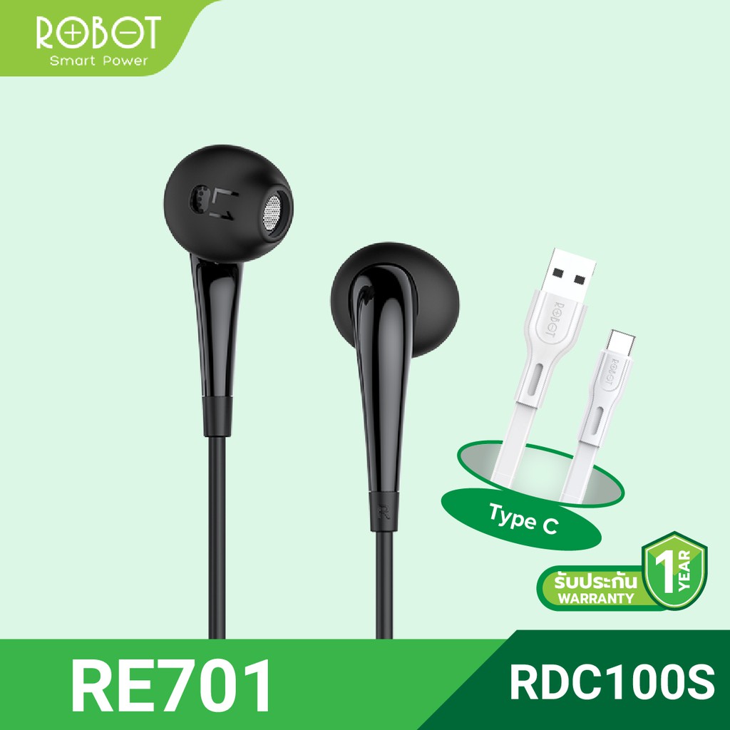 ✨✨BEST SELLER🎉🎉 [Shopee mall] ROBOT หูฟังสาย Earphones Wired รุ่น RE701 + สายชาร์จมือถือ RDC100S ราคา/ต่อชิ้น ขาตั้งกล้อง ขายึดโทรศัพท์