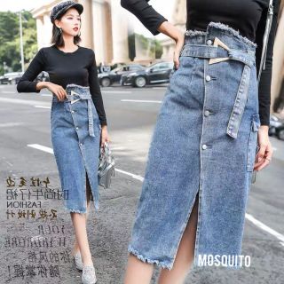 fashion_onsale กระโปรงยีส์ทรงตรง กระดุมป้ายหน้า พร้อมเข็มขัด