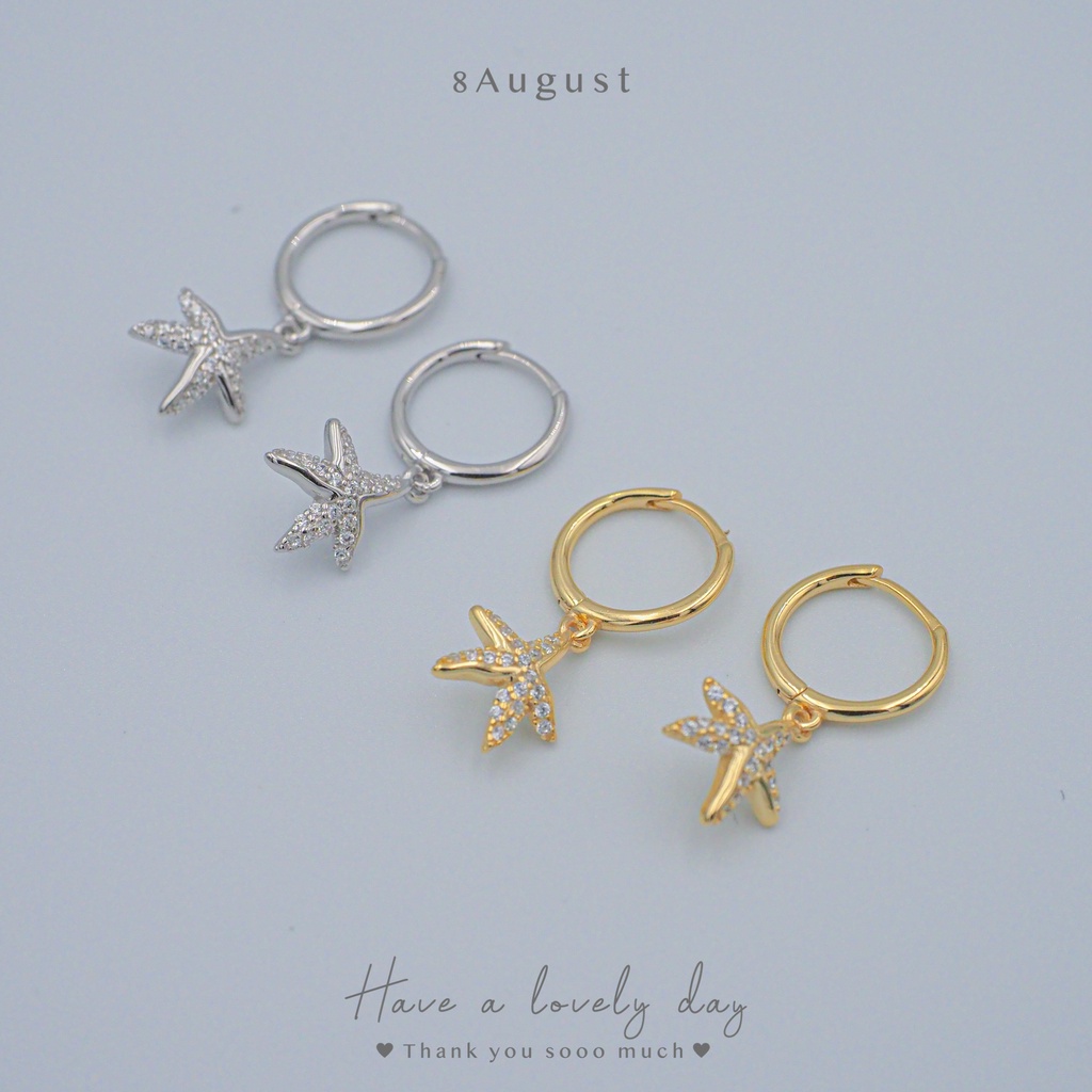 8August ต่างหูเงินแท้ ต่างหูห่วง จี้รูปปลาดาว ประดับเพชร น่ารัก Star Fish Hoop Earrings S925 7mm (A3