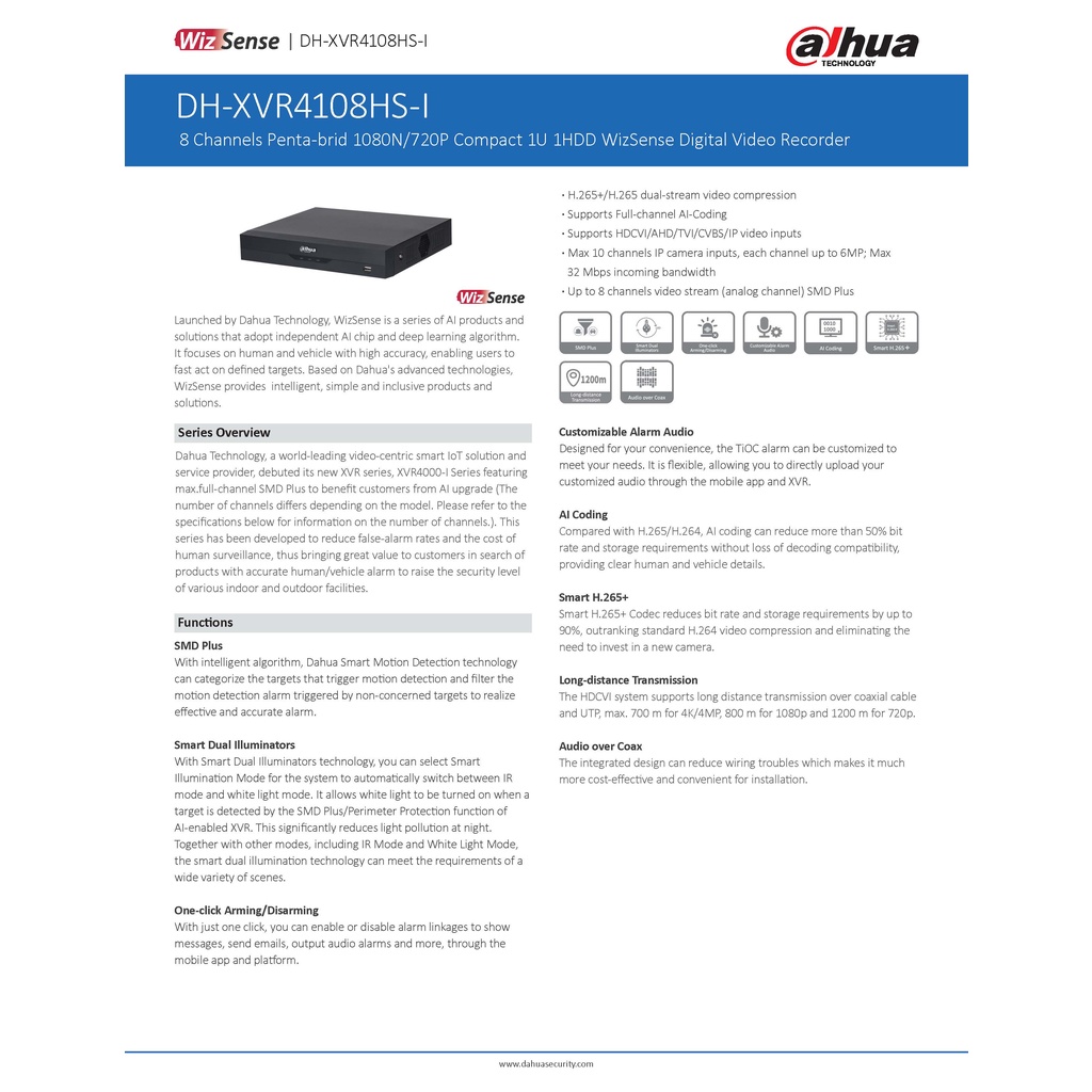DH-XVR4108HS-I Dahua เครื่องบันทึกภาพ กล้องวงจรปิด DVR Analog 8Channels H.265 ประกัน3ปี