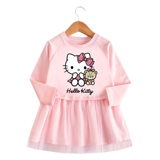 ชุดเดรสกระโปรง แขนยาว ผ้าฝ้าย ลายการ์ตูน HELLO KITTY สําหรับเด็กผู้หญิง