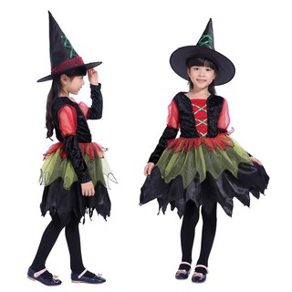 แฟนซีคอสตูมแบบเดรสสั้นสาวน้อยแม่มดเขียวแดง Bruja Petalos Halloween costume สินค้าคุณภาพสมราคาแบบในรูปพร้อมครบเซ็ท