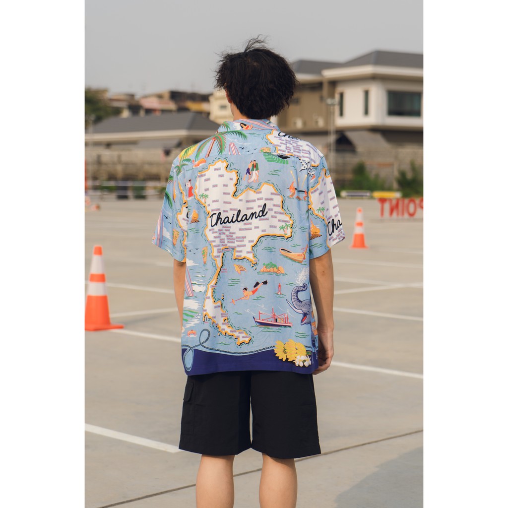 เสื้อฮาวาย ลายประเทศไทย แบรนด์ Windwear ผ้าเรยอน Aloha Discovery Thailand ไทยเที่ยวไทย สีน้ำเงิน ราคา ถูกที่สุด ดีลบีเคเค