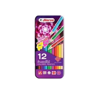 ดินสอสีไม้ยาว กล่องเหล็ก 12 สี ตราม้า สีสด ระบายลื่น เพิ่มสีสะท้อนแสง