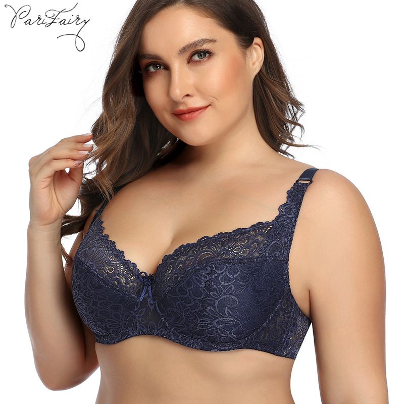 PARIFAIRY ผู้หญิงดอกไม้ลูกไม้ Bra ลวดไม่มีโฟมขนาดใหญ่ถ้วย Plus ขนาด Bra 34E 36E 38E 40E 42E 44E 46E 