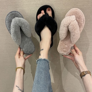Rabbit fur sewing shoes plush round head candy color home furry floor shoes flip flops