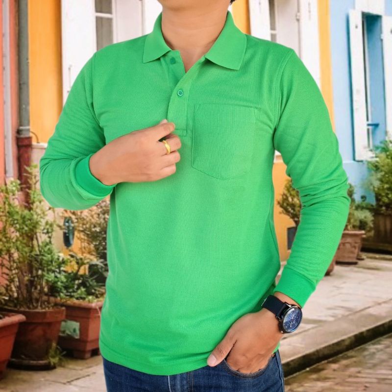 เสื้อโปโลแขนยาว สีเขียวเข้ม ผู้ชายมีกระเป๋าอกข้างซ้าย งานตัดเย็บคุณภาพเยี่ยม เกรดพรีเมี่ยม