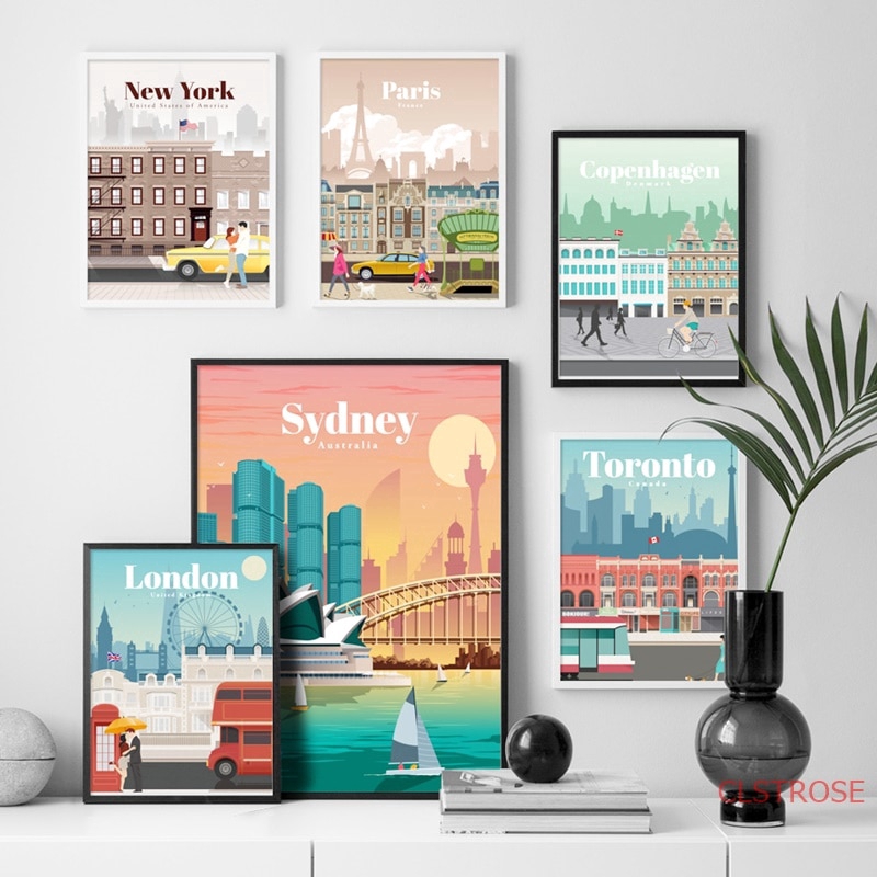 ภาพวาดผ้าใบพิมพ์ลาย London New York Paris Spain City สําหรับตกแต่งบ้าน