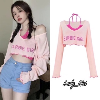 Lady_Girl⚡️C2076/BB#เสื้อไหมพรม ( BARBIE GIRL) เช็ท2ชิ้น+เสื้อกล้าม#เสื้อครอปเเขนยาวแต่งขอบ