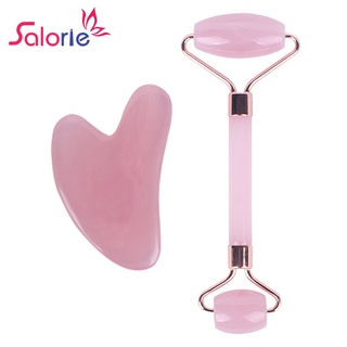 Salorie 1 Set Resin Facial Massage Roller with Heart-shaped Scraping Board Artificial Rose Gua Sha Board Face Neck Body Massager Guasha Plate