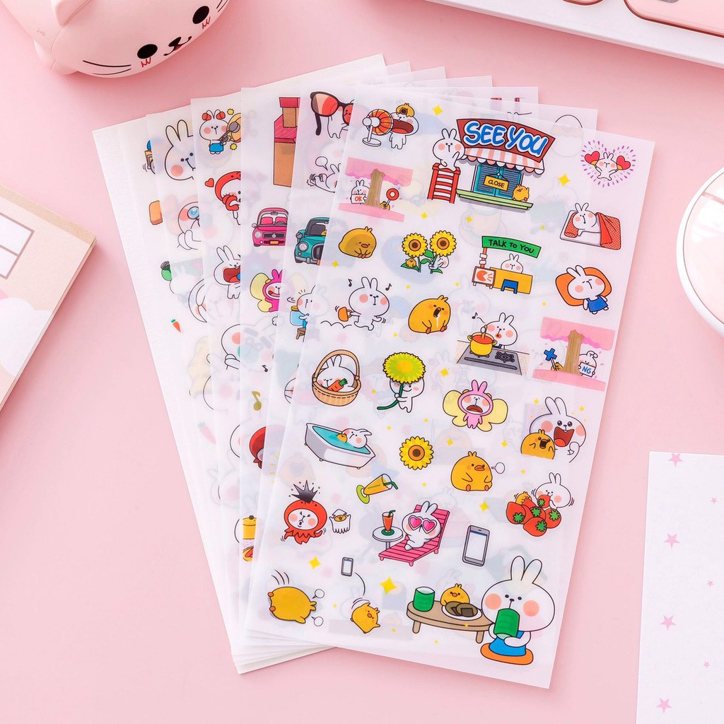 🌈สติ๊กเกอร์ลายการ์ตูน 6แผ่น/ชุด สติ๊กเกอร์ติดสมุดหนังสือ ติดสมุดโน๊ตน่ารัก🐰🦄💞✂️