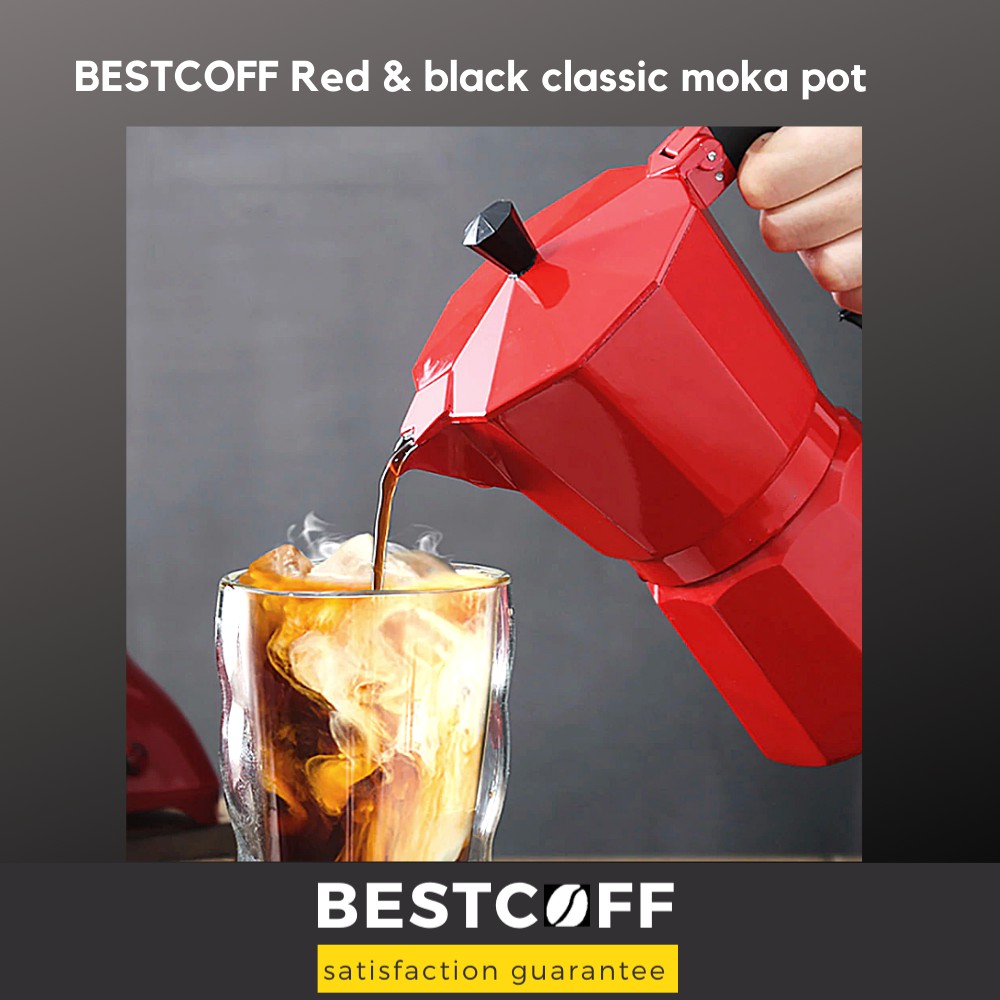BESTCOFF Premium red & black moka pot หม้อต้มกาแฟสด หม้อต้มเอสเปรสโซ สีแดงและดำ เกรดอิตาลี