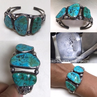 กำไลเงินเเท้งานเมกา Vintage Sterling Silver Turquoise Navajo Cuff Bracelet Signed LB