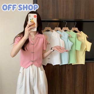 OFF SHOP พร้อมส่ง (OFF-19032) เสื้อแขนสั้นไหมพรม คอปก น่ารักสไตล์เกาหลีมากสีพาสเทล