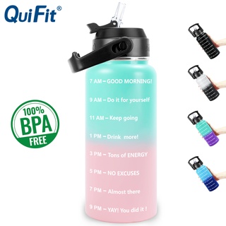 QuiFit 1L/32OZ Vacuum Water Bottles With Straw Stainless Steel Motivational Time Marker Leak Proof Reusable Travel Thermo