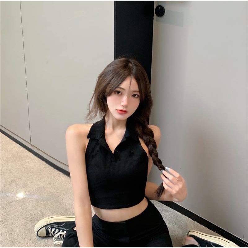 🔥Mfs100🔥ครอปแขนกุดคอปก สายคาเฟ่ ห้ามพลาด