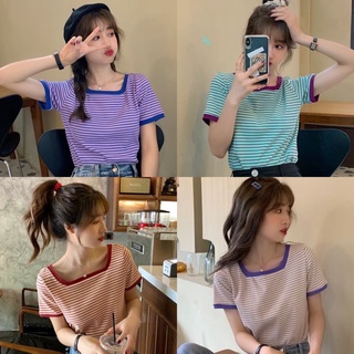 🌸พร้อมส่ง👗เสื้อแขนสั้นลายทาง ตัดขอบสีสวย