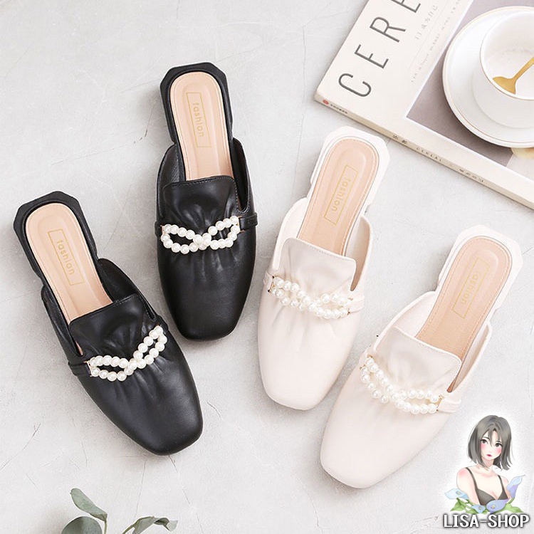 รองเท้าคัทชูเปิดส้น สร้อยมุก รองเท้าแฟชั่น มี4สี T76