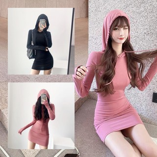 🔥ราคาถูกที่สุด🔥ชุดเดรสสั้นแขนยาวมีฮู๊ด ทรงเข้ารูป 2 สี