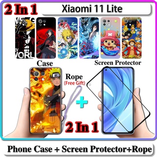 2 IN 1 เคส Xiaomi 11 Lite เคส พร้อมกระจกนิรภัยโค้ง ป้องกันหน้าจอ เซรามิค นารูโตะ และการออกแบบ One Piece