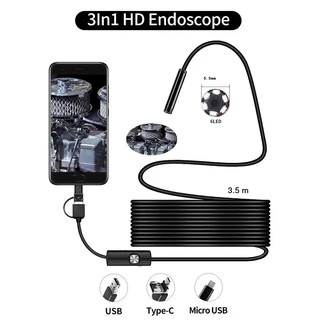 กล้องแอนโดสโคป 3.5 ม. กล้องงูกันน้ำ ต่อคอม มือถือ กล้องส่องท่อ​ 3 in 1 USB / TYPE-C / Micro-USB Endoscope Camera