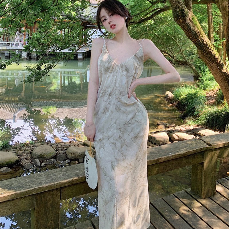 AC1270 เดรสยาว ชุดเดรสสายเดี่ยว เดรสทรงหลวม ผ้าเนื้อดี ใส่สบาย สไตล์ฝรั่งเศล