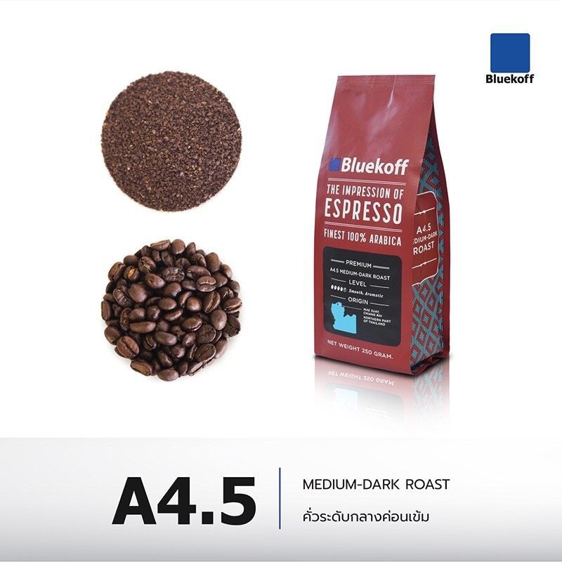 มีสินค้าพร้อมส่ง Bluekoff A4.5  Premium เกรด A คั่วสด ระดับกลางค่อนเข้ม (Medium-Dark Roast) 1 ถุง
