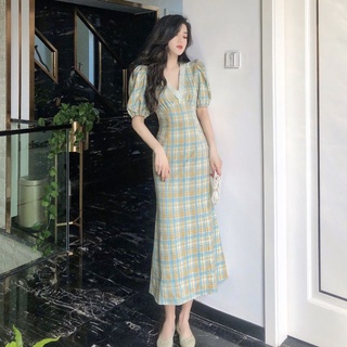 Monika Dolly Long Dress เดรสยาว คอวี แขนตุ๊กตา ลายตาราง สีเขียว ฟ้า ซับในทั้งชุด เดรสทำงาน เดรสคาเฟ่ เดรสออกงาน