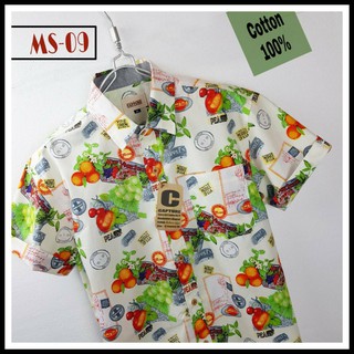 เสื้อเชิ้ตแขนสั้น คอปก ผ้า Cotton100% ลายผลไม้ สีขาว มีถึงไซส์ 4XL