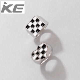 Hip-hop simple ring Black and white checkerboard ring two-piece set Love geometric ring set fo