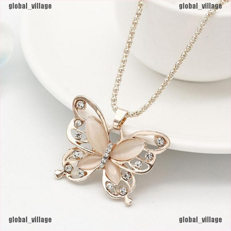 Fashion Rhinestone Alloy Crystal Butterfly Pendant Necklace Long Sweater Chain 