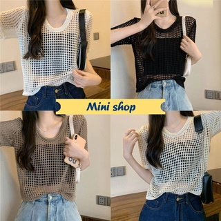 Mini shop🌸พร้อมส่ง🌸(73178) เสื้อถักไหมพรม แขนสั้นคอกลม ตาข่ายเล็กๆน่ารักมาก