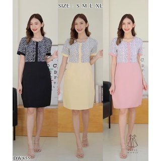 (เช็คของก่อนโอนเงิน) {S-XL} 855 งานป้าย Dress World ชุดเดรสสั้นคอกลม เสื้อลายดอก กระโปรงสีพื้น น่ารักมากจ้า