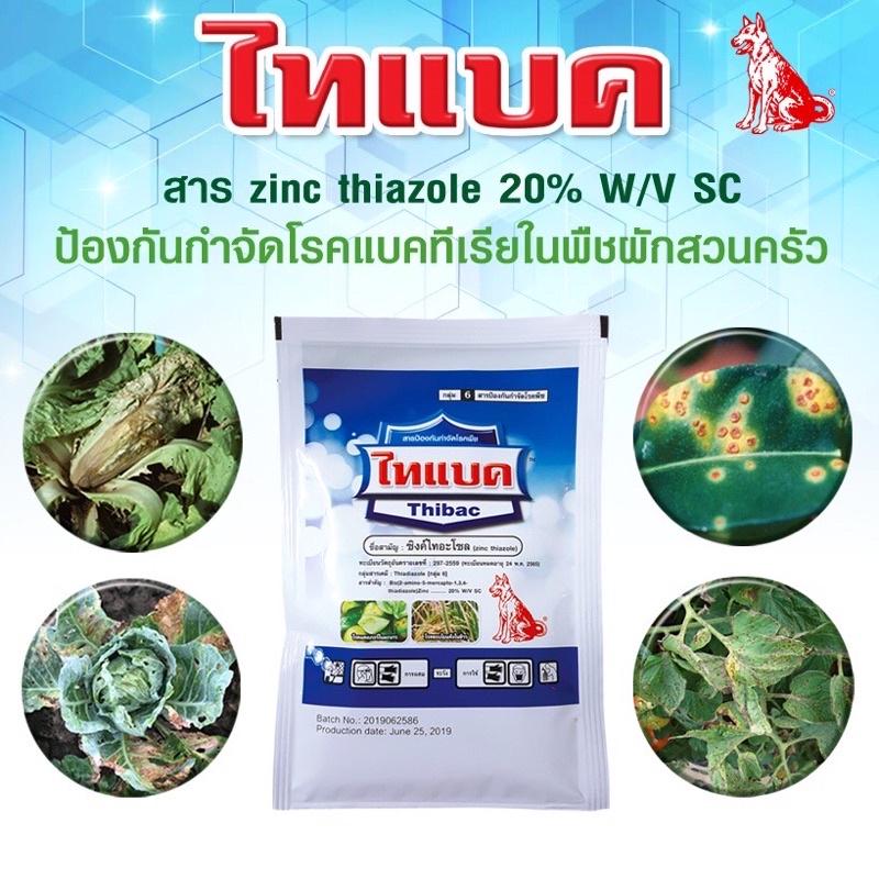ไทแบค แบบซอง 60 กรัม ของแท้ ซิงค์ไทอะโซล 20% SC สารดูดซึม ออกฤทธิ์ป้องกันและกำจัดโรคที่เกิดจากแบคทีเรีย ตราหมาแดง