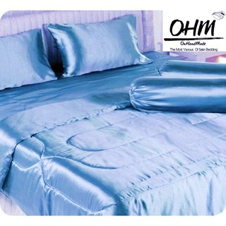 OHM ผ้าปูที่นอนและผ้านวมคู่ ผ้าเครปซาติน 220 เส้น ขนาด 5 ฟุต 6 ชิ้น (สีฟ้าอมเขียว)