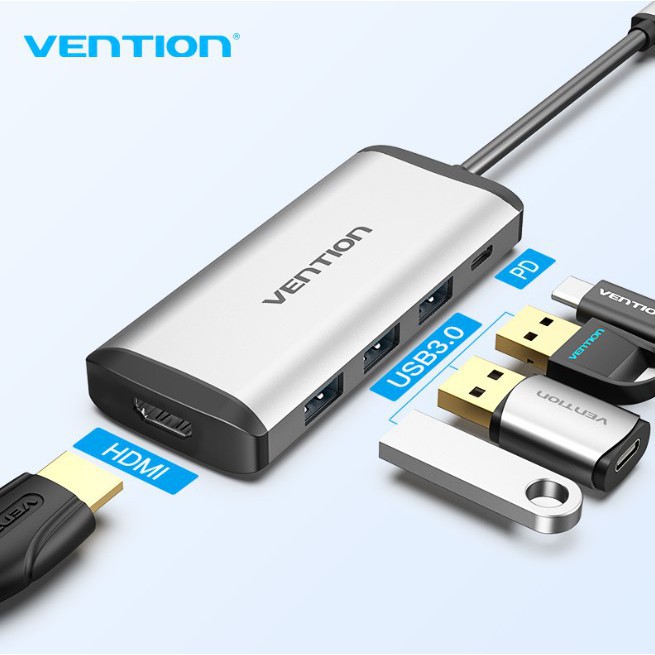 ส่งจากไทย Vention USB-C Hub Type-C 5-in-1 4K 30Hz HDMI / USB 3.0 *3 / PD Charge 87W (รองรับ Samsung Dex, Huawei PC Mode)