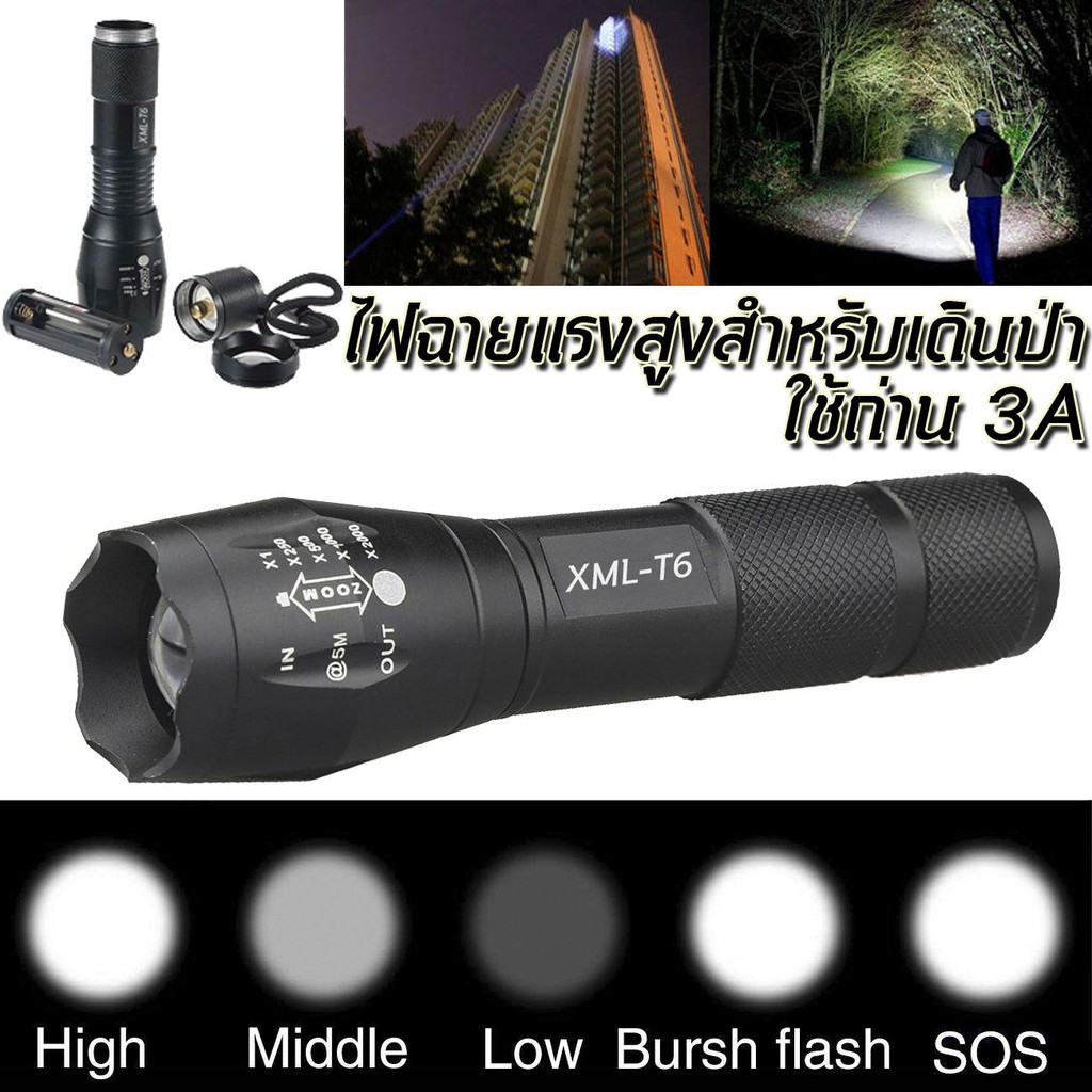 (ไฟฉาย T6) ความสว่างสูง Flashlight LED CREE XML T6 5โหมด ไฟฉาย ไฟฉายแรงสูง กันน้ำได้ กันสนิม ซูมได้ 