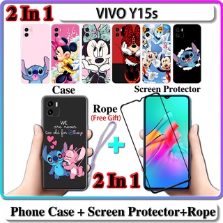 2 IN 1 เคส VIVO Y15s เคส พร้อมกระจกนิรภัยโค้ง ป้องกันหน้าจอเซรามิค สติทช์ และมินนี่