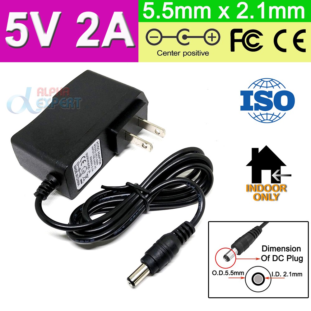 อะแดปเตอร์ 5V 2A หัวขนาด 5.5x 2.1mm ( AC 100V 240V to DC 5V 2A Switching Power Supply US Plug Charger Charging 2000mA )