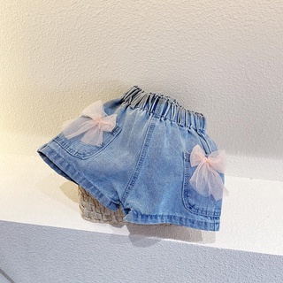 2021❦ Korean Summer New Girls Mesh Bow Denim Shorts