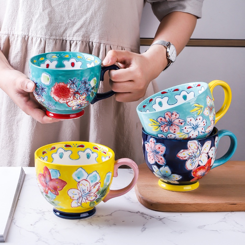 Ceramic Coffee Mugs and Cups Large Capacity Hand Painted Flower Household Office Using Porcelain Creative Drinking Water #8