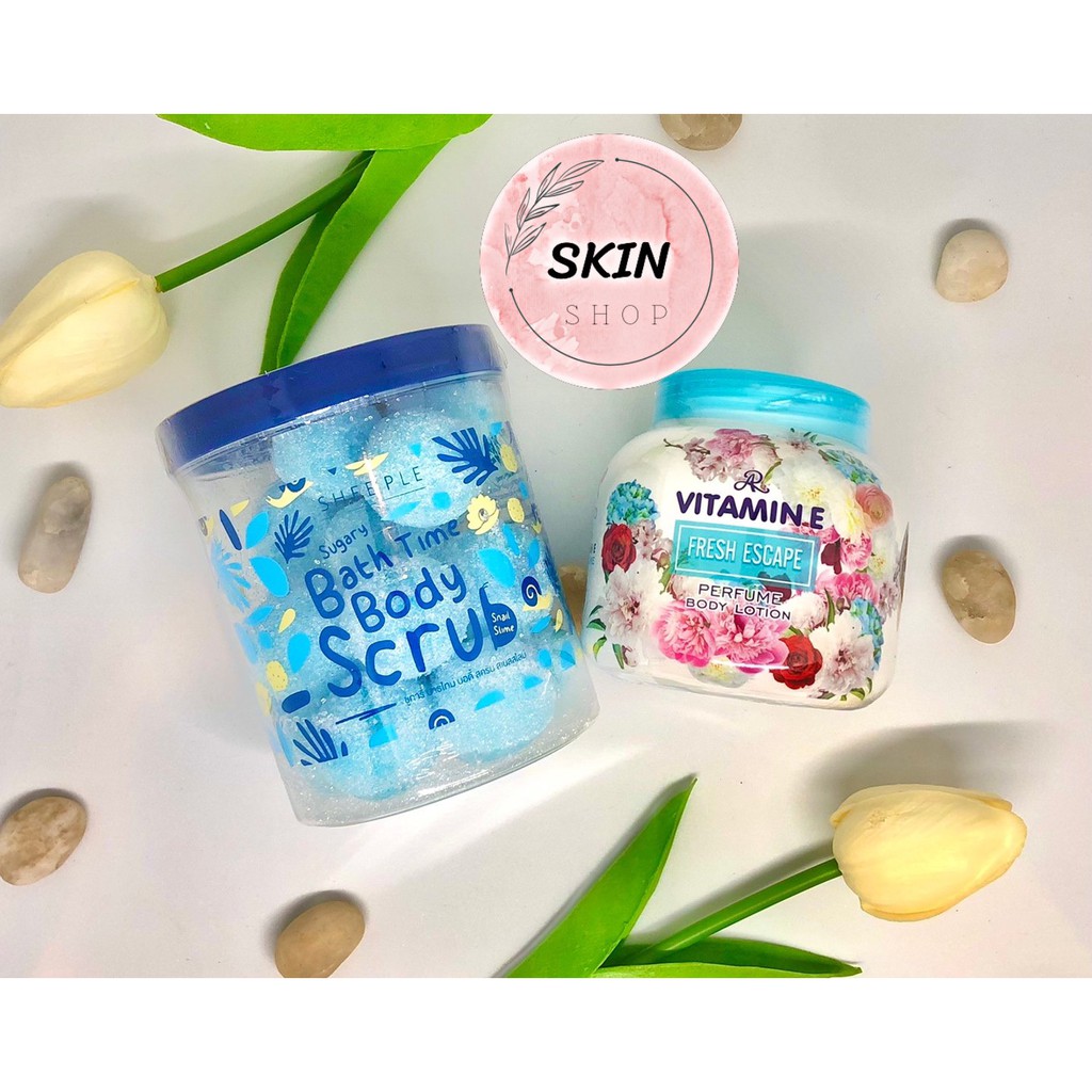 Sugary Bath Time Body Scrub สครับเมือกหอยทาก (สูตรดั้งเดิม) + Aron Vitamin E Perfume Body Lotion 200