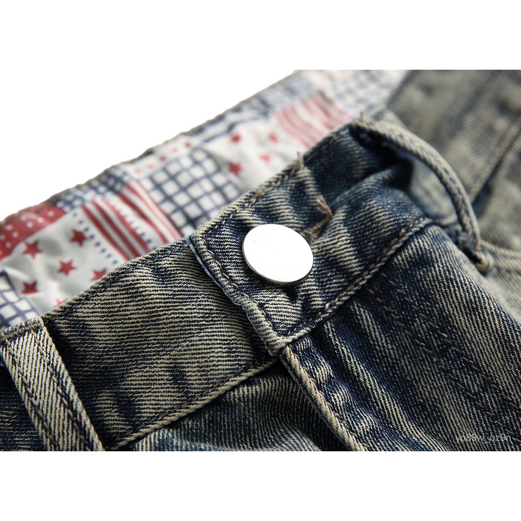 Mens broken hole nostalgic Jeans Straight Tube slim fitting mens jeans ...